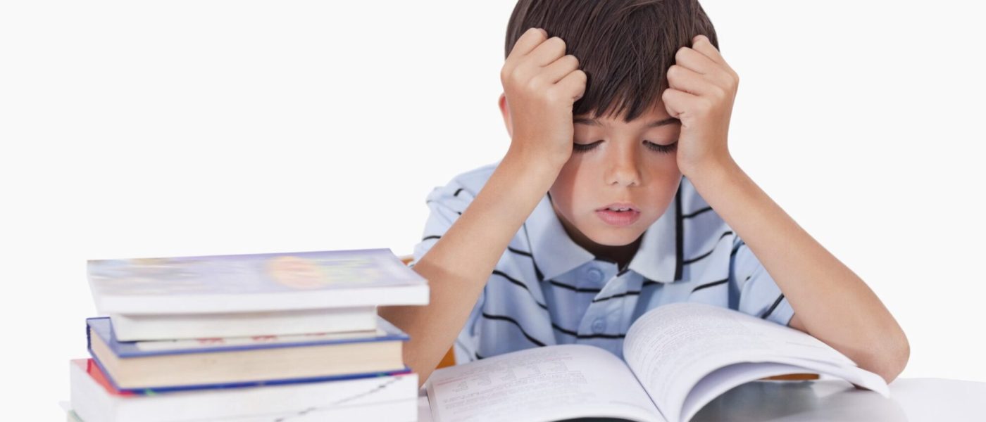 Focused boy learning his lessons against a white background